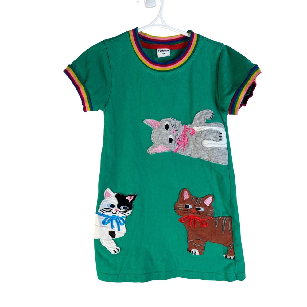 Funnymore Kids Green Rainbow Trim Cat Applique T-Shirt Dress 4Y